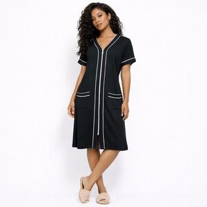 Eileen‎ West Women's Short Sleeve Zipper Front Chemise Night Gown Black Size S